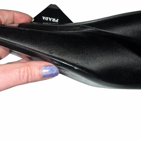 PRADA Satin Triangle Heel Mules Black Square Toe Kitten Heel IT 40 US 10 Slides - Picture 11 of 13